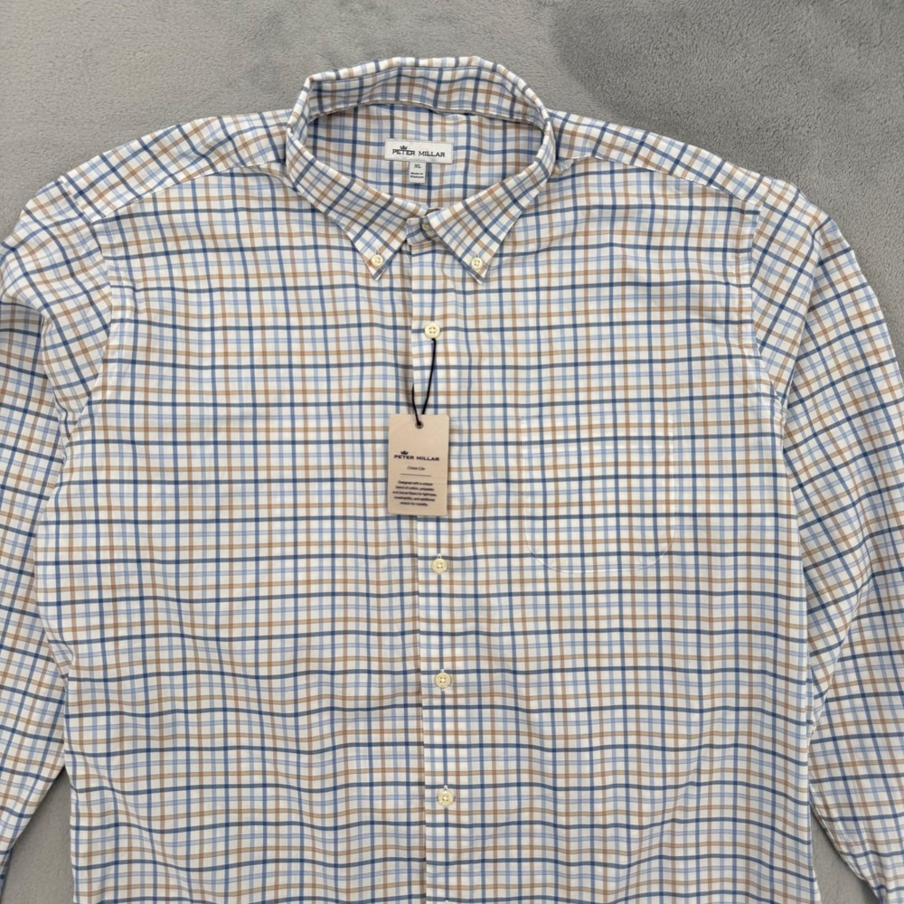 Peter Millar Crown Lite Mens Blue Tan Plaid Button Down Shirt Casual Size XL - Picture 3 of 16